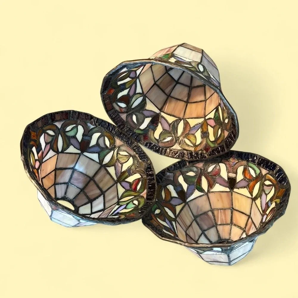 Vintage Tiffany Style Multcolored Art Deco Set of 3 Stained Glass Lamp Shades